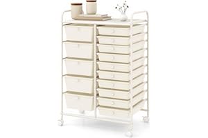 DORTALA 15-Drawer Rolling Storage Cart with Drawers, Rolling Utility Cart w/Removable Drawers & Universal Wheels, Tools Scrapbook Paper Organizer for School, Office, Home, Classroom (Ivory)