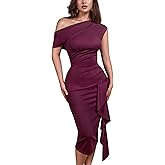 CurvySweet Women's One Shoulder Ruched Elegant Formal Evening Bodycon Midi Sheath Dress with Ruffle Hem