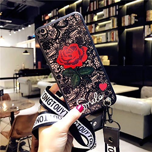 GshoppingLife iPhone Apple 7/8 Plus X Case Cover Flowers Protective Shell Embroidery Rose Wristband Lanyard Lace Hard Case Cover For iPhone (Black-Lace, iPhone X)