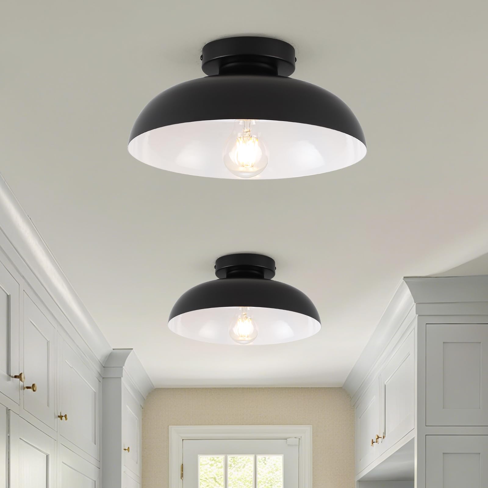 Photo 1 of 2 Pack Black Semi Flush Mount Ceiling Light 12 Inch Small Farmhouse Ceiling Lights Industrial Hallway Light Fixtures for Bedroom Entryway Kitchen Porch Foyer Bathroom Laundry
