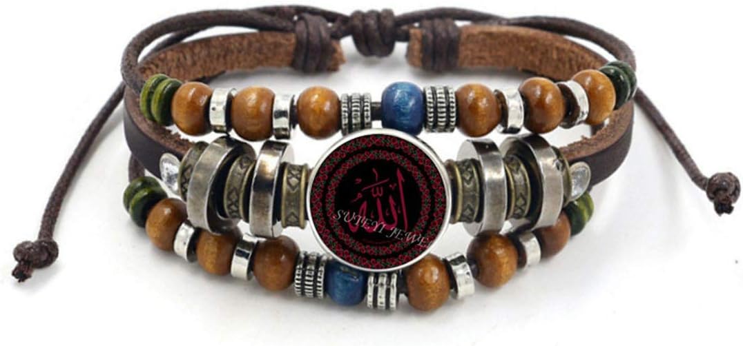MAY HAPPY Vintage Islam Allah Beads Leather Bracelet Glass Cabochon Charm Snap Button Bracelets for Men Women Muslim Jewelry Accessories