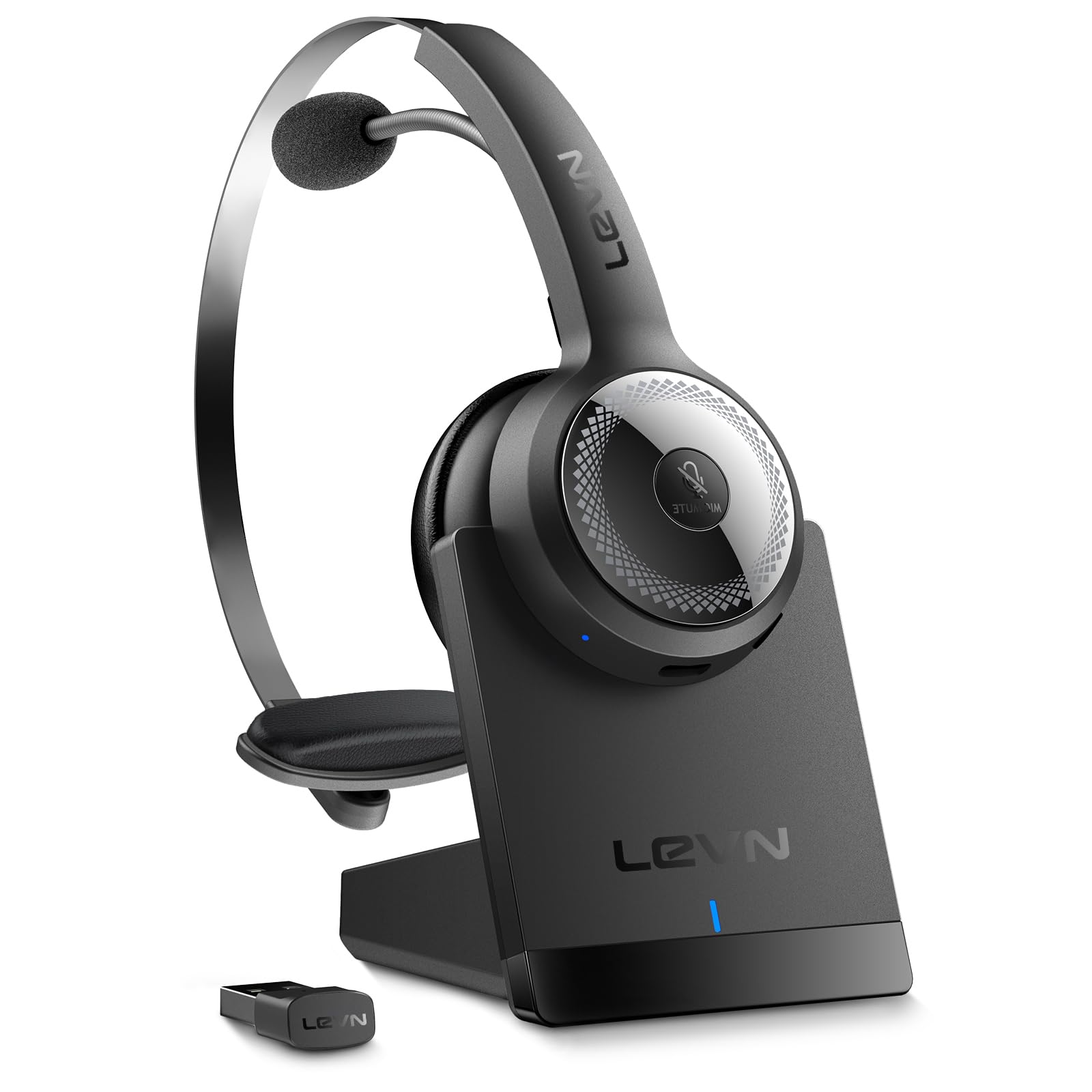 Photo 1 of LEVN Wireless Headset with Mic for Work, Wireless Headset (Charging Base, Noise Cancelling & Mute Button), Long Battery Life, Bluetooth Headsets for Home/Office/Call Center/Laptop/Teams/Zoom, Black