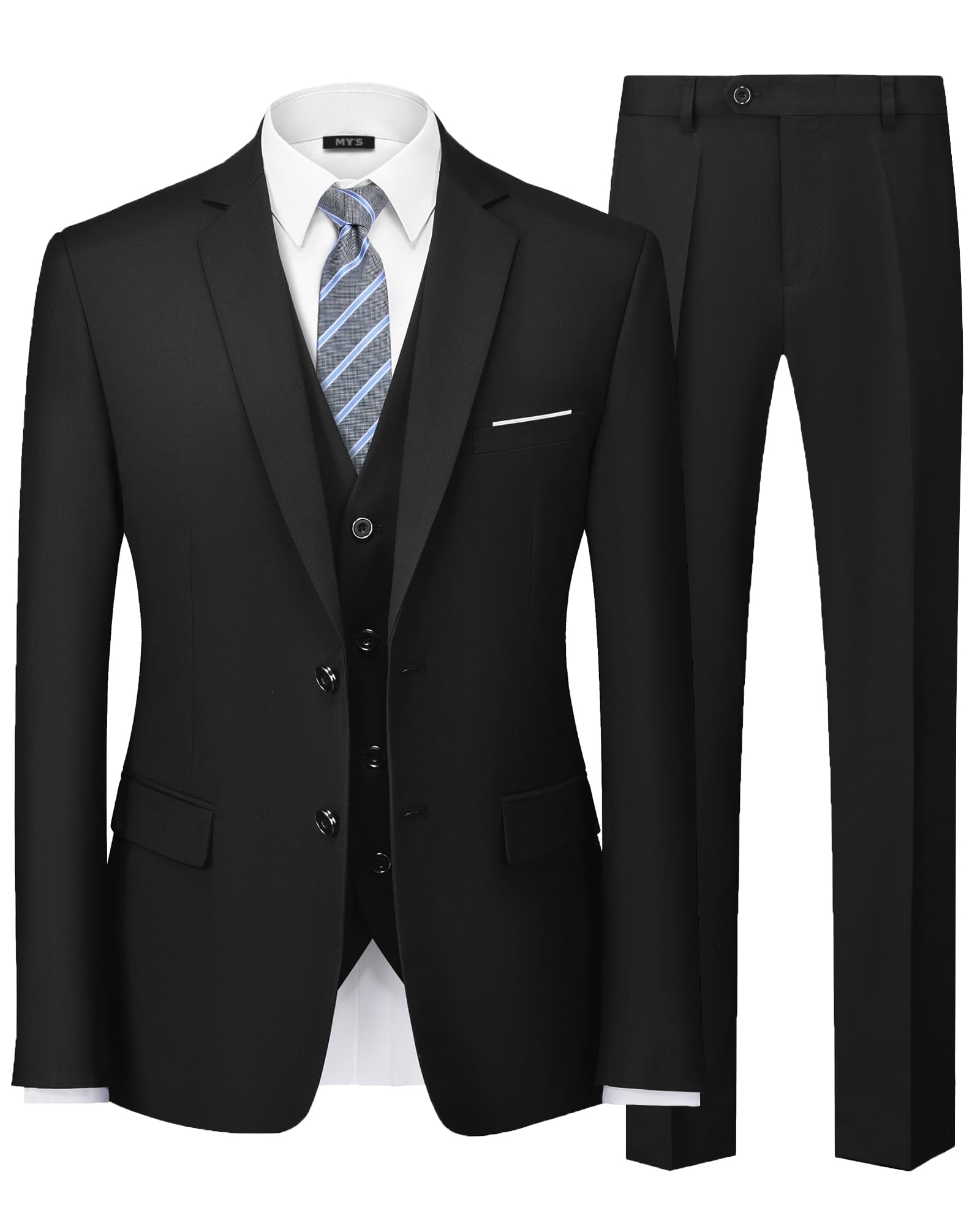 Photo 1 of MY'S Men's 3 Piece Slim Fit Suit Set with Tie, 2 Button Blazer Jacket Vest & Pants, Business Wedding Party Prom Suit for Men, Black Medium