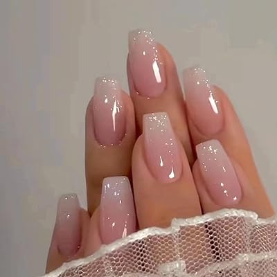 Ceboic 24Pcs French Short Square Press On Nails Pink Gradient with Glue-On