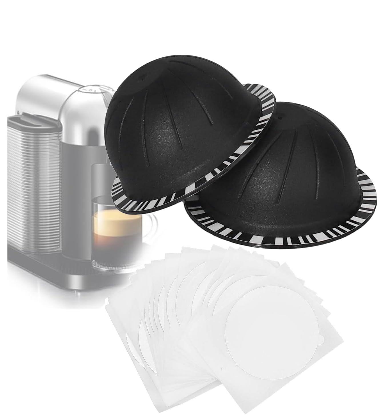2Pcs Reusable Capsule Vertuo Pods, 230ml Coffee Capsules, Coffee Capsule Filter Cup with 15Pcs Disposable Aluminum Foil Accessory for Nespresso Vertuo