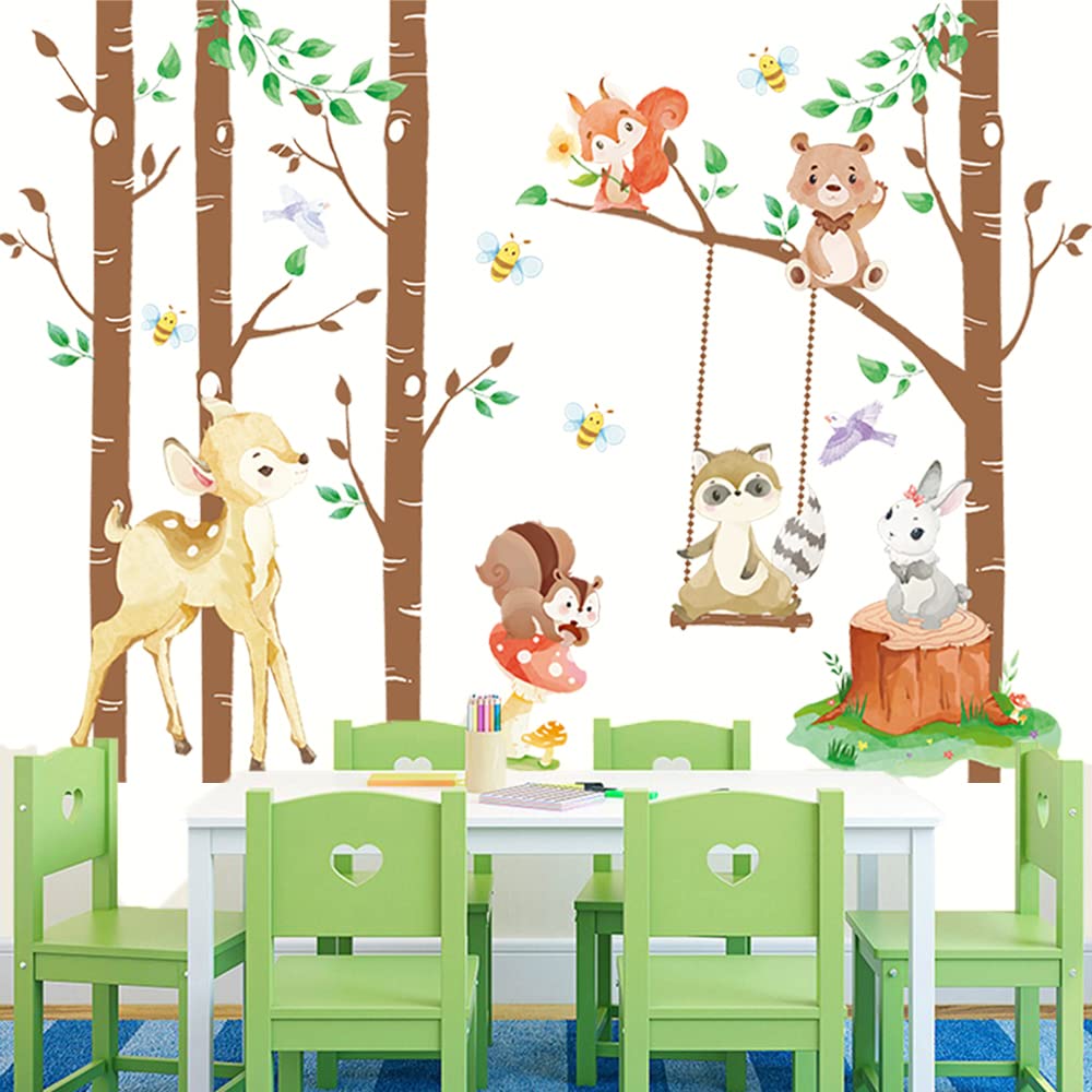 Runtoo Wall Sticker Forest Animals Birch Wall Sticker Squirrel Deer Fox Jungle Wall Sticker Children's Room Baby Room Living Room