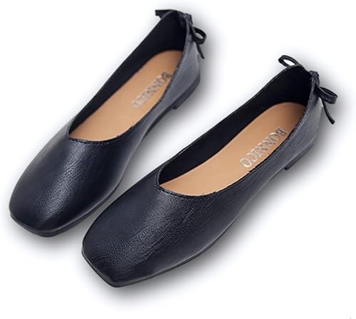 Amazon Milan Co 可愛い バックリボン ぺたんこ フラットシューズ スクエアトゥ Vカット ローヒール パンプス レディース Pu レザー 合皮 コンフォート ルーム シューズ 靴 シューズ バッグ