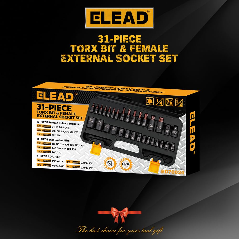 31-Piece Torx Bit Socket Set: Premium CR-V & S2 Alloy Steel, Star T8-T70 & E-Torx E4-E24, High Torque Laser Marked for Automotive Mechanic