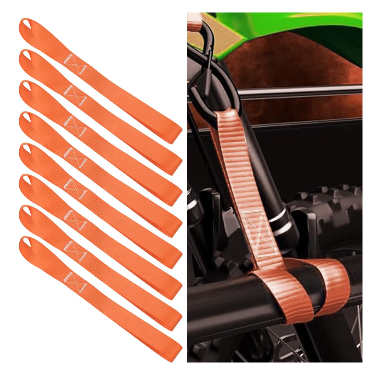 Photo 1 of 8PCS Soft Loop Tie Down Straps, 1800Lbs Load Capacity & 4800Lbs Breaking Strength, Solid Auxiliary Straps for Securing ATV, UTV, Motorcycles, Scooters, Dirt Bikes, Lawn & Garden Equipment (Orange)