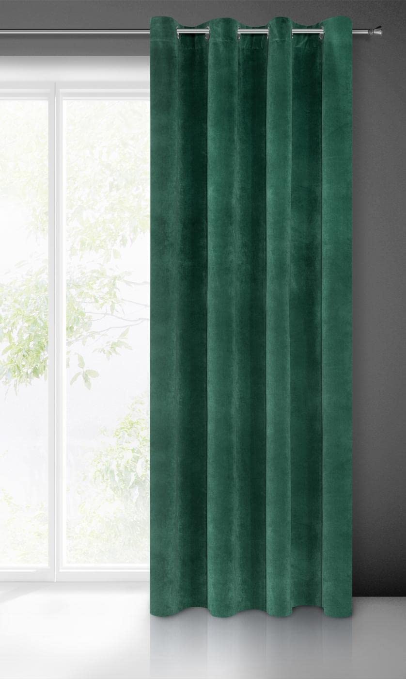 Eurofirany VILLA Soft Plain Opaque Velvet Curtain with Eyelets - 1 Unit, Fluffy Panel Drape Classic Glamour Elegant Living Room, Bedroom, 290 g/m2, W55 x L98, Dark Green