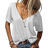 Danedvi Women Fashion Deep V-Neck Short Sleeve Tops Solid Casual Loose Basic T Shirt