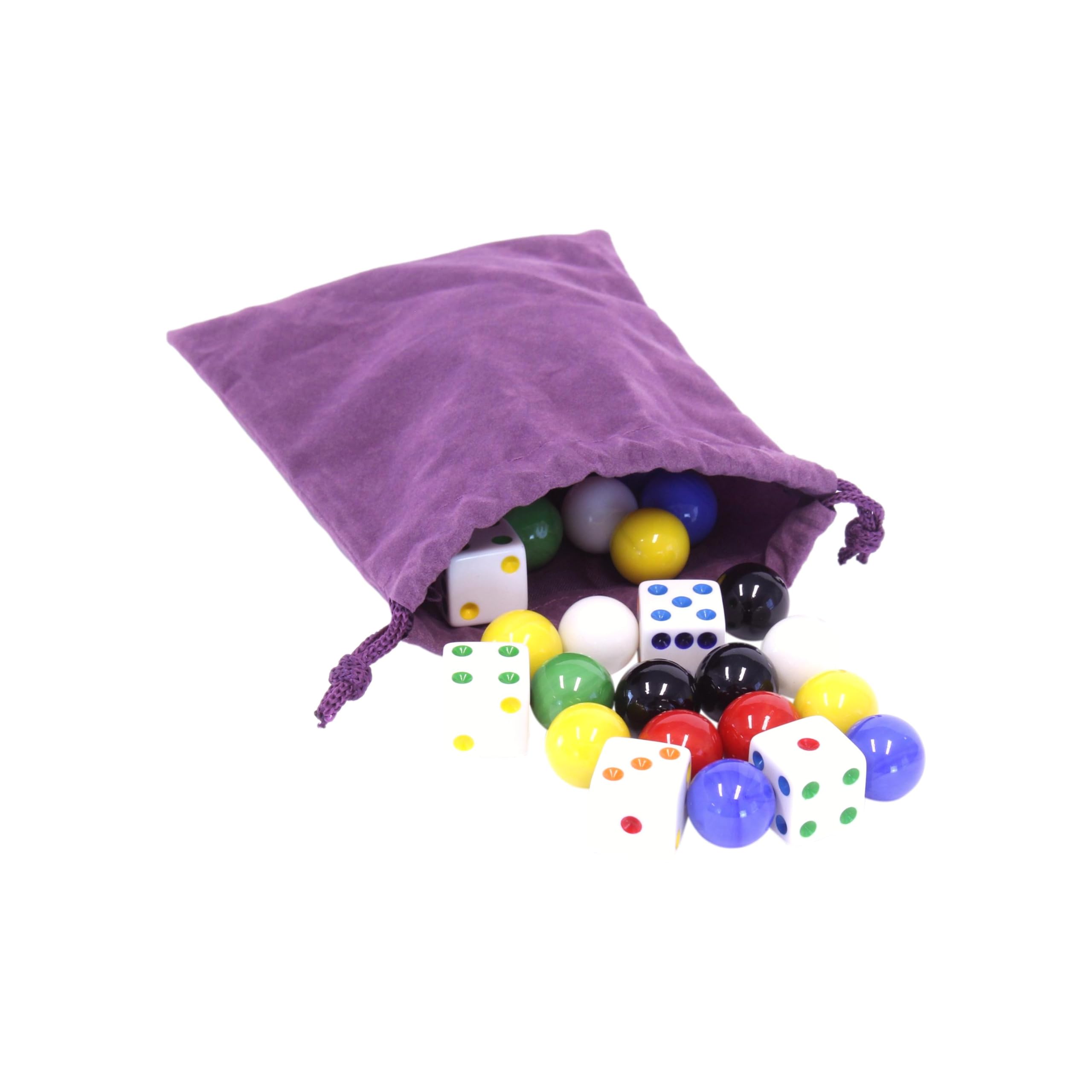 AmishToyBox Game Bag of 24 Glass Marbles (16mm Diameter) and 6 Dice for Aggravation Game