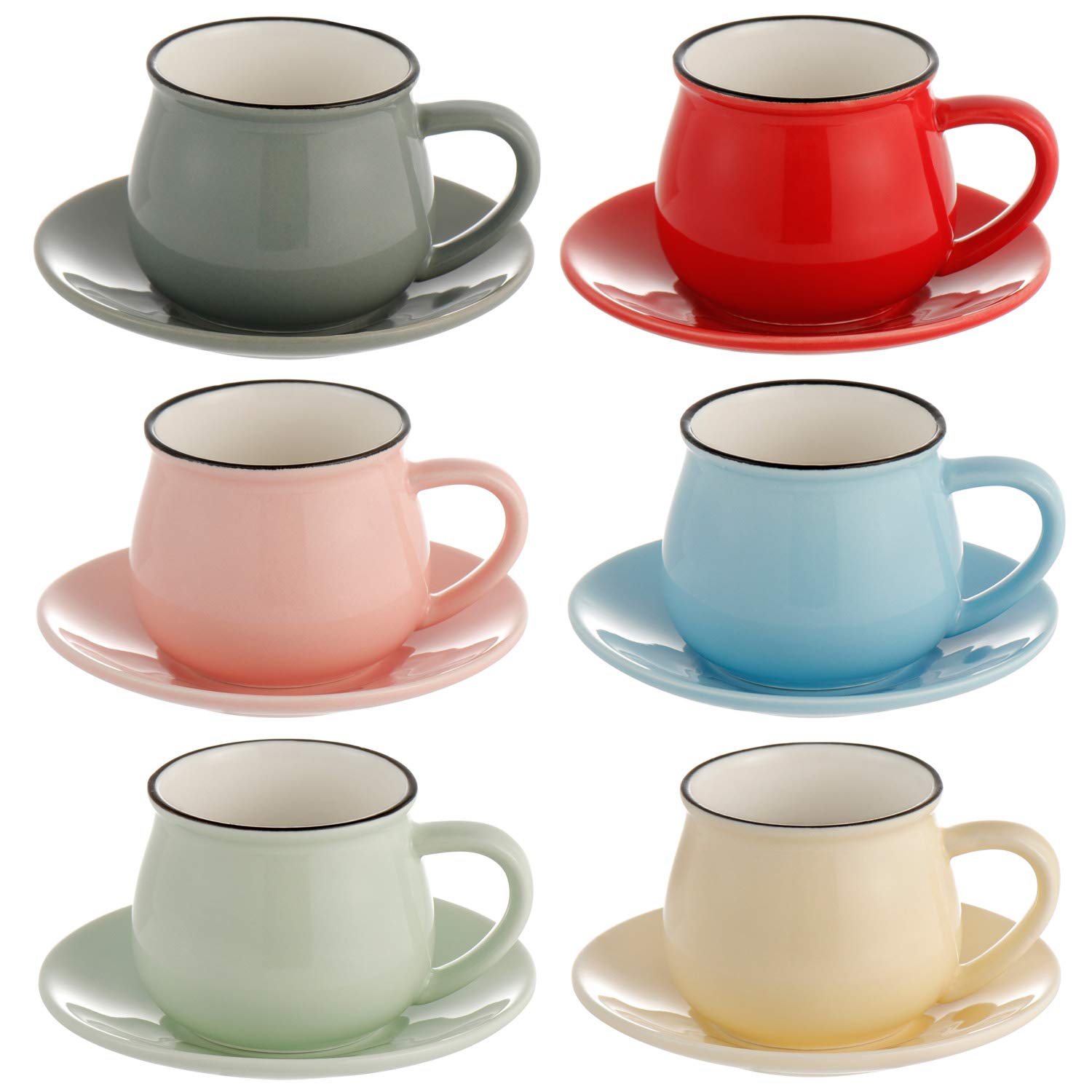 All-Pie Porcelain Espresso Cups with Saucers - 108 ml/3.65 oz - Set of 6, Small Coffee Tea Cup 6 Colors