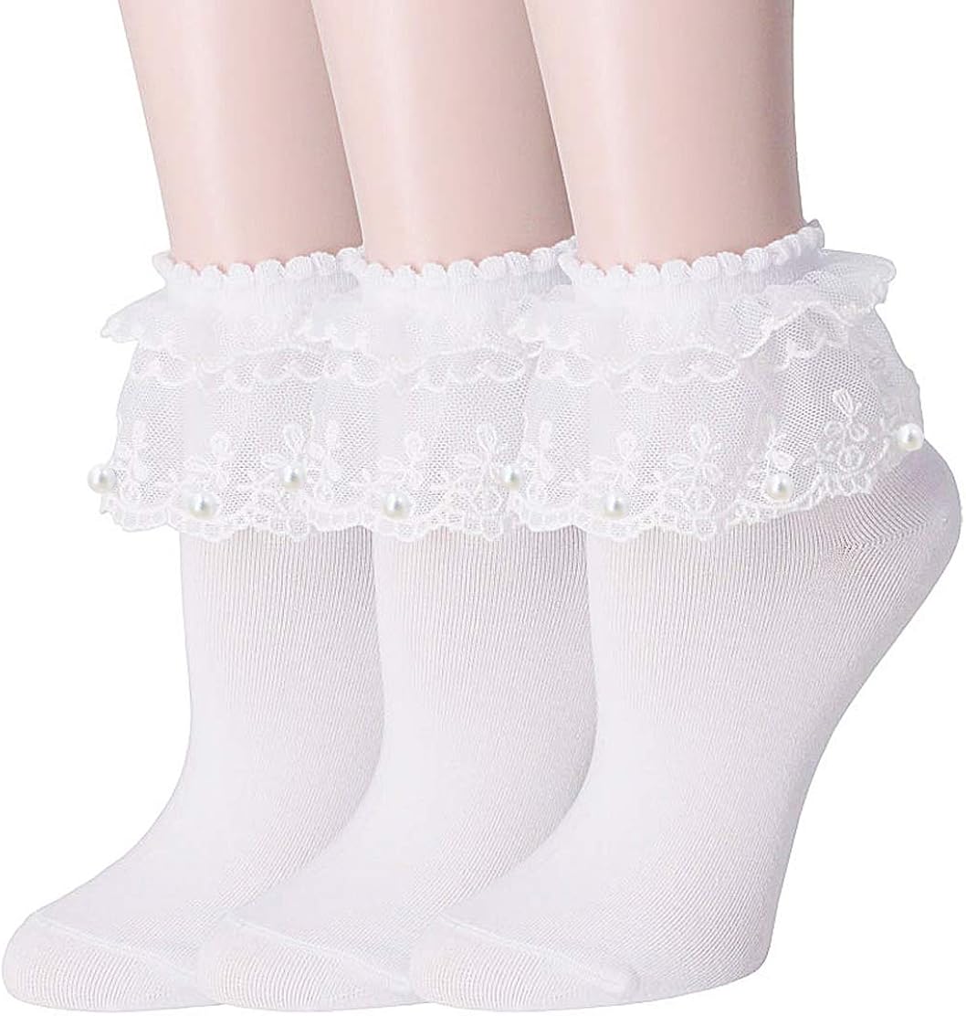 SRYL Women Ankle Socks Lace Ruffle Frilly Cotton Socks with Beads Trim