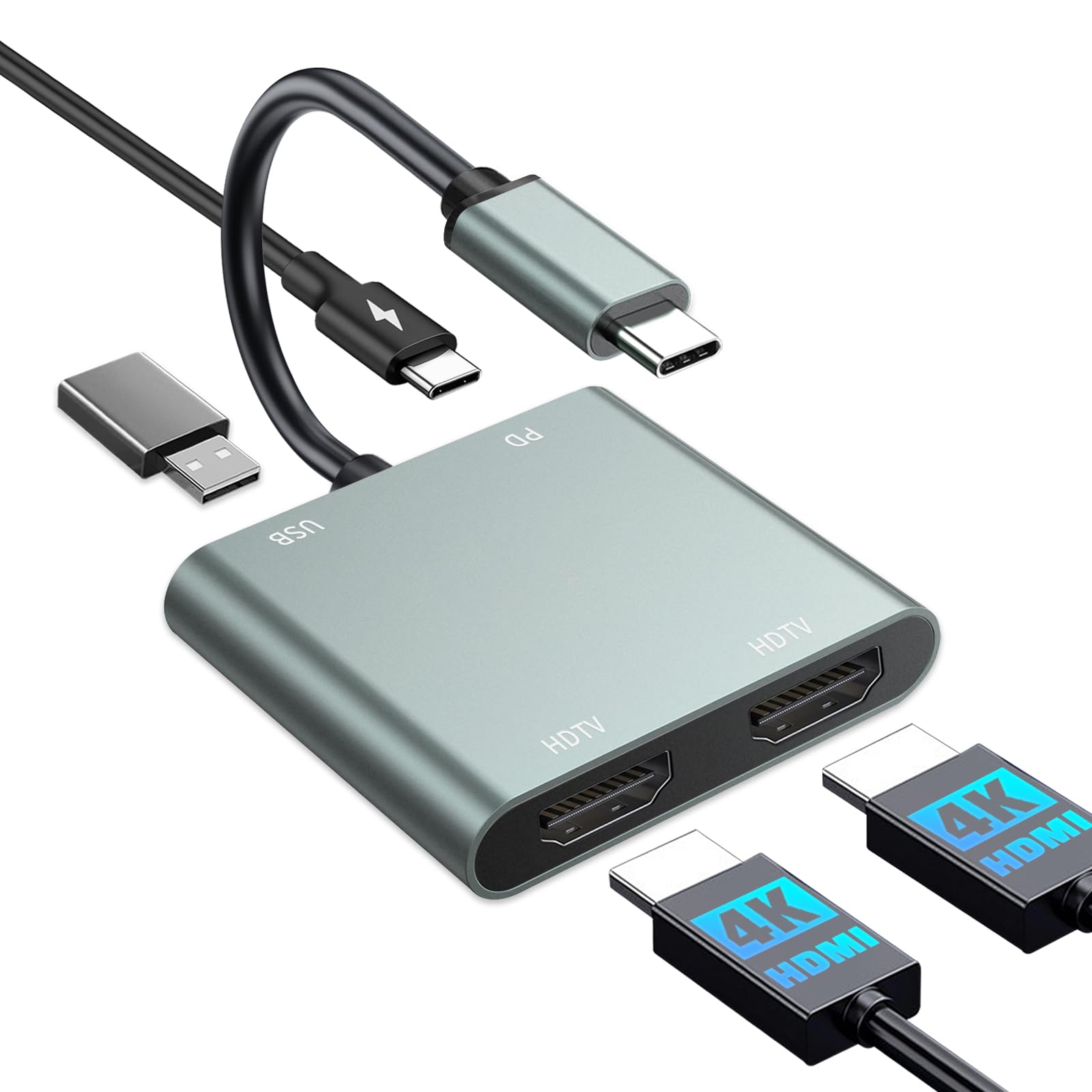 Photo 1 of USB C to Dual HDMI Adapter - 4K@30Hz Dual Monitor HDMI Adapter with 100W PD Charging, USB3.0 5Gbps & Thunderbolt 3 Compatible for Laptop/Tablet