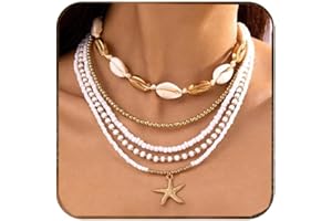 NYLRY Shell Necklace Beach Jewelry for Women Seashell Starfish Necklace Adjustable Layered Sea Shell Charm Necklaces Summer Outfits for Women Beach Fashion Vacation Essentials Summer Accessories-5 layer