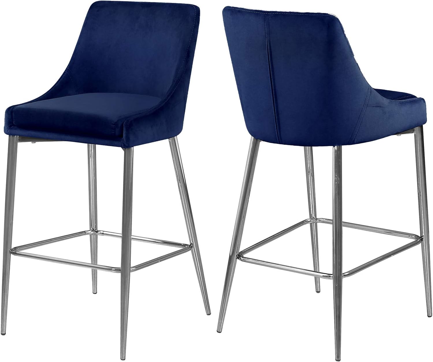Meridian Furniture Karina Collection Modern | Contemporary Velvet Upholstered Counter Stool with Polished Chrome Metal Legs and Foot Rest, Set of 2, Navy
