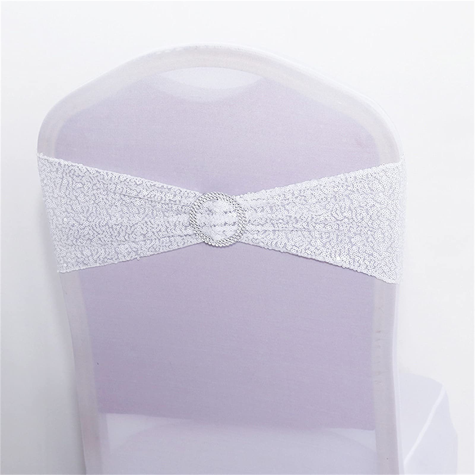 Photo 1 of 50 PCS Stretch Sequin Chair Sashes Chair Stretchy Spandex Bands for Wedding Reception Events Banquets Chairs Decoration (White)