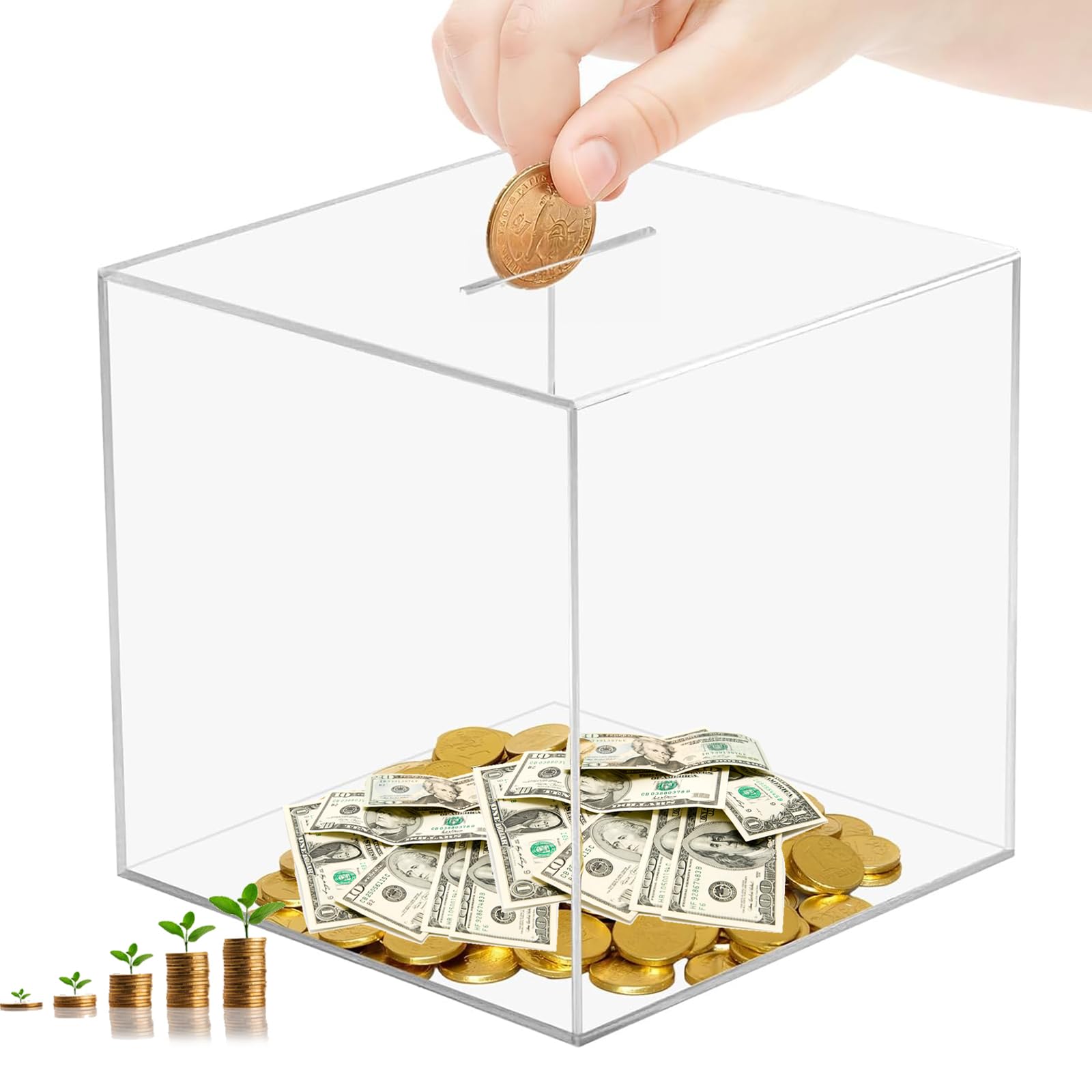 SUNJULY 12x12CM Clear Acrylic Money Box,Glass Unbreakable Bank Transparent, Saving Piggy Box Acrylic Money Saving Box For Adults Or Kids (4.72”x4.72”)
