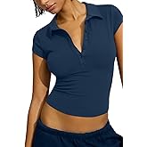 Volemo Women's Cropped Polo Shirts Collared Button Up V Neck Cap Sleeve Tight Fitted Basic Tees Summer Casual Work Tops