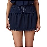 Verdusa Women's Bowknot Short Linen Skirts Y2k Tiered Lace A Line Mini Skirt