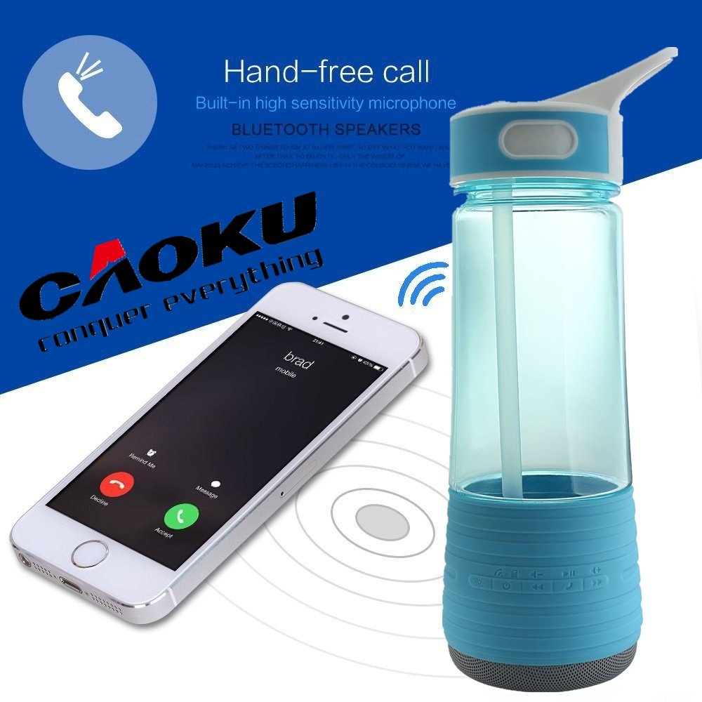 Travel Water Bottle with Speakers Bluetooth & Straw Outdoor & Safety Light for Hiking | BPA Free Water Bottle Wireless IPX7 Waterproof Rechargeable Stereo Mini Speaker By cAoku