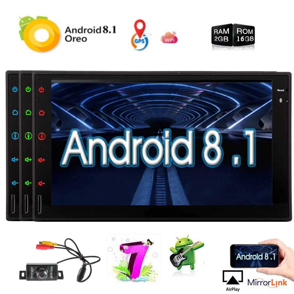 Upgraded Android 8.1 2G RAM 7 Inch Touchscreen in Dash Double Din Car Stereo System GPS Navigation WiFi Bluetooth Handsfree Radio Headunit with Free Rear Camera support optional OBD2/3G/4G