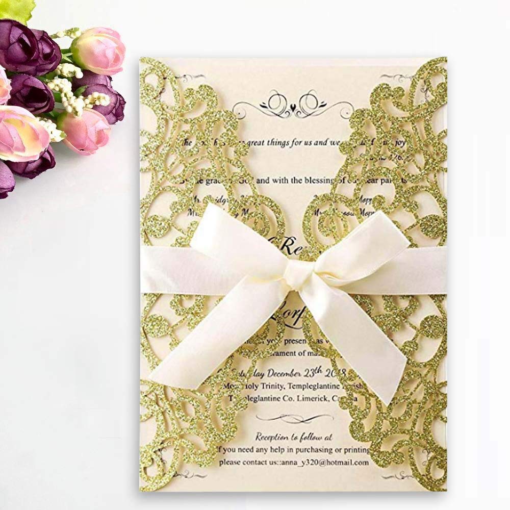 JOFANZA 5X7.2 Inch 50PCS Laser Cut Gold Glitter Blank Wedding Invitation Cards with Bowknot for Quinceanera Bridal Shower Birthday Anniversary Invitations