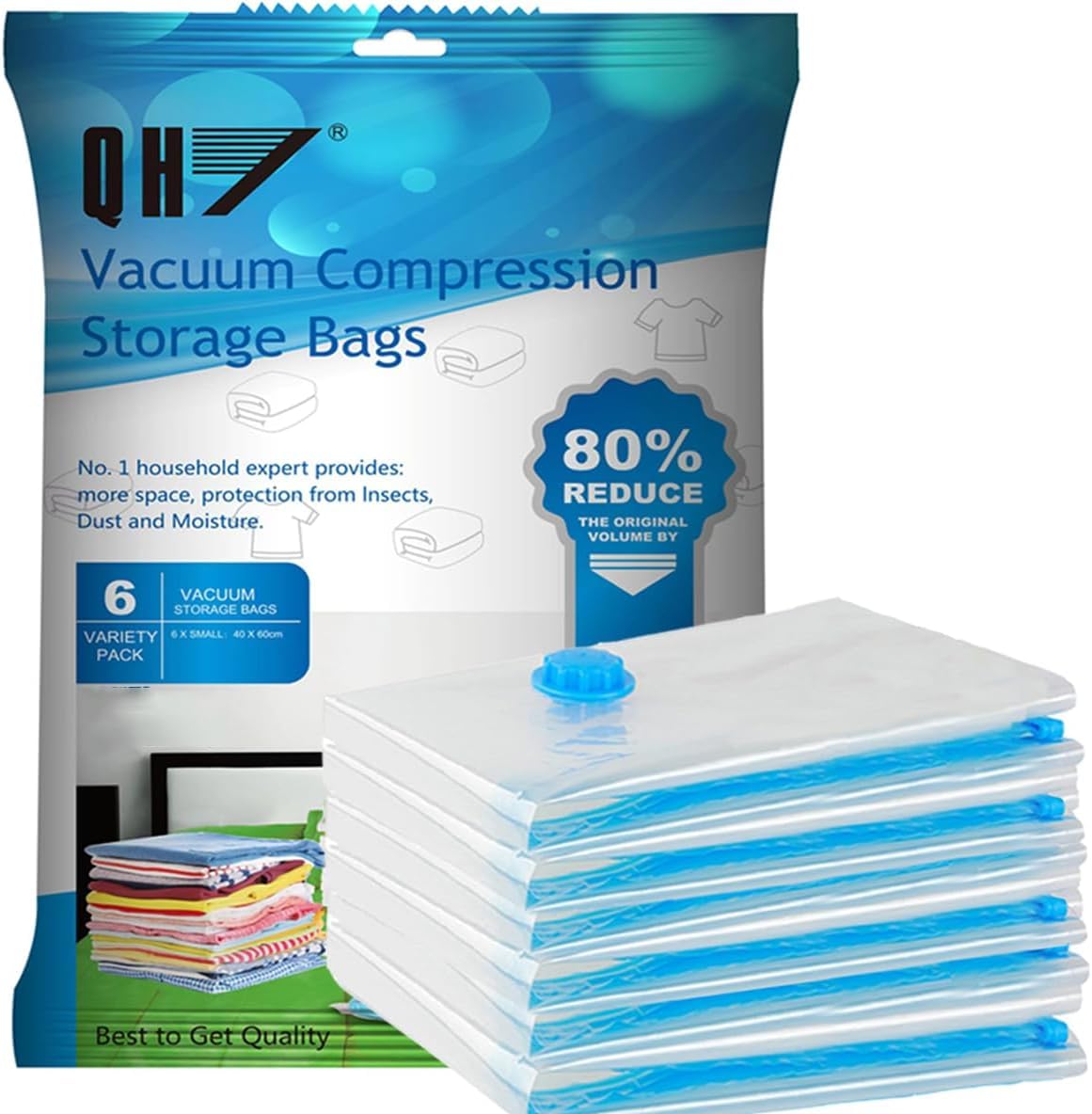 QH7 Small Vacuum Storage Bags. 80% More Storage,Travel Vacuum bags clothes, Double-Zip Seal and Triple Seal Turbo-Valve for Max Space Saving,Reusable Space Saver Bags,6(60x40cm)