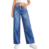 Haloumoning Girls Wide Leg Jeans Kids Elastic High Waisted Raw Hem Denim Pants with Pockets 5-14 Years