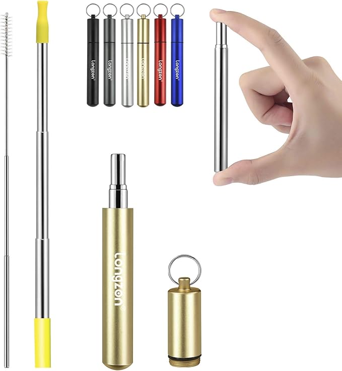 title=longzon Cannucce Riutilizzabili Pieghevoli in Acciaio Inox, Paglia Pieghevole