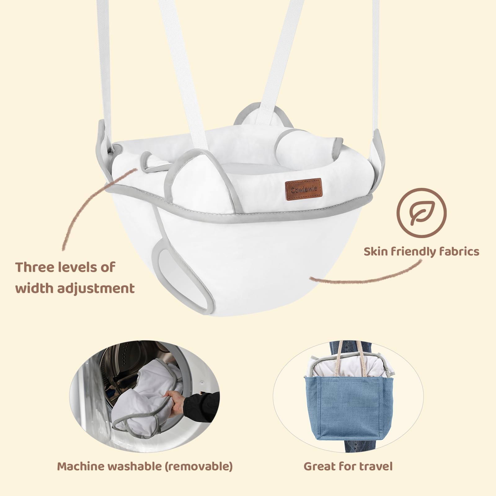 Cowiewie Door Jumper for Baby with Adjustable Seat and Strap, Fun Activity for 6-12 Months Baby Infant, Ultra Soft Flannel, White