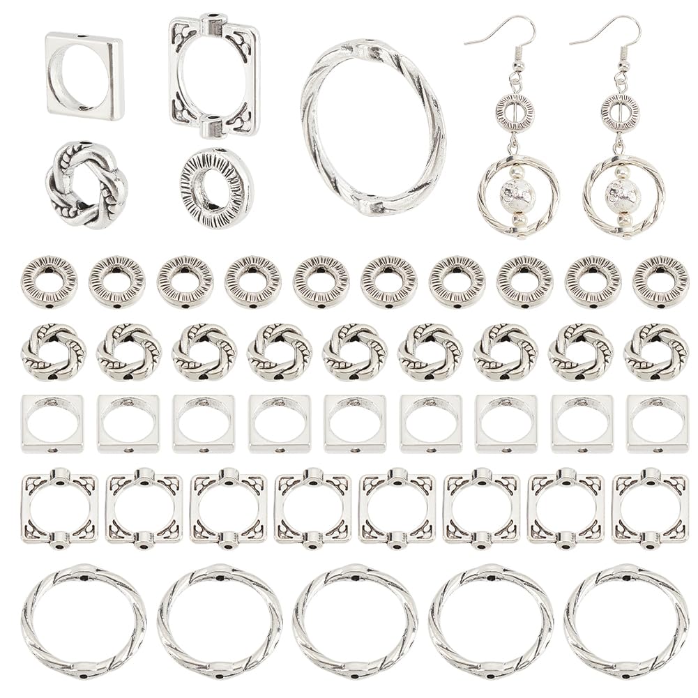 PH PandaHall 100pcs Bead Frames, 5 Styles Double Hole Brass Frame Spacer Beads Square Circle Bead Hugger Frame Connectors for DIY Earring Bracelet Necklace Jewellery Crafts Making, Antique Silver