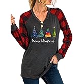 V Neck Christmas Shirt for Women Merry Bright Believe Snowman Tree Graphic Plaid Long Sleeve Blouse Casual Festival Tops
