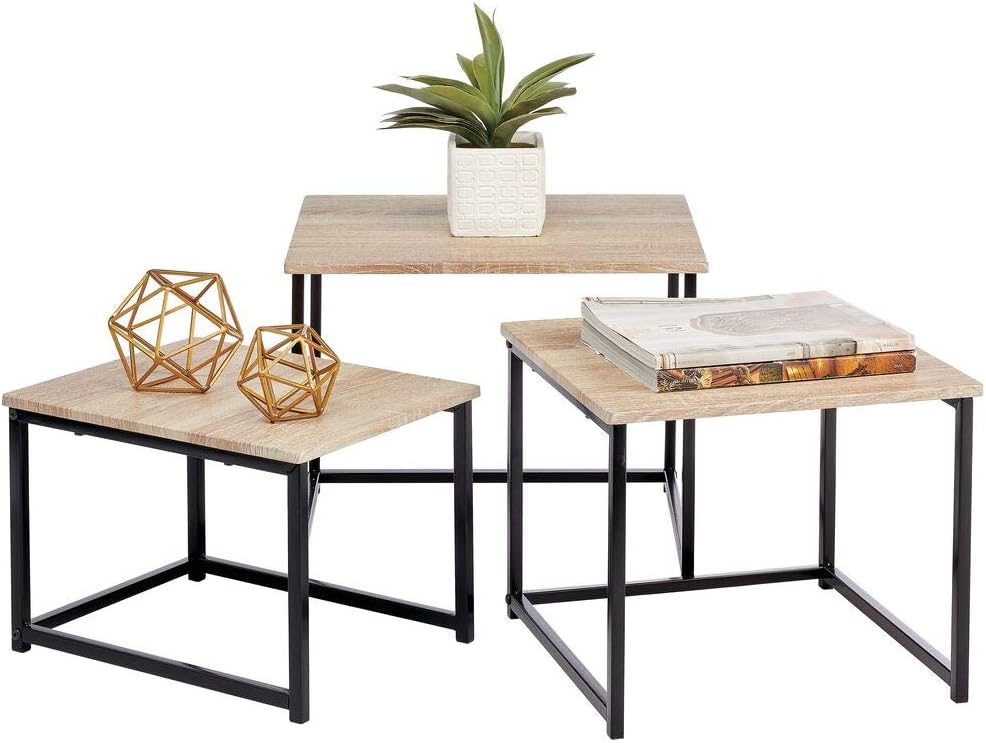 mDesign Modern Farmhouse Nesting Side/End Table - Metal Wood Design - Sturdy Vintage, Rustic, Industrial Home Decor Accent Furniture for Living Room, Bedroom - Set of 3 - Natural/Black: Home & Kitchen