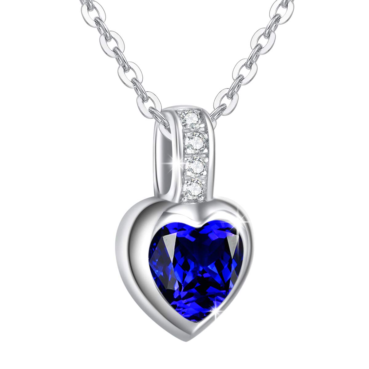 AGVANA Love Heart Birthstone Necklaces 925 Sterling Silver with White Gold Plated September Birthstone Created Blue Sapphire Fine Jewellery Birthday Gift for Women Girls, Length: 16 + 2 Inch — image 1