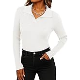 Feiersi Sweaters for Women Casual Trendy Lapel V Neck Long Sleeve Sweater Ribbed Knit Stretch Soft Pullover Shirt