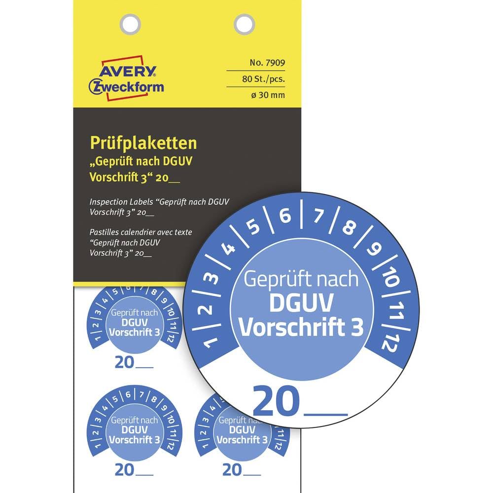 AVERY Zweckform, 80 x Blue Test Badges - DGUV Regulation 3 - Durable Self Adhesive - 30mm - Vinyl Test Stickers - 7909