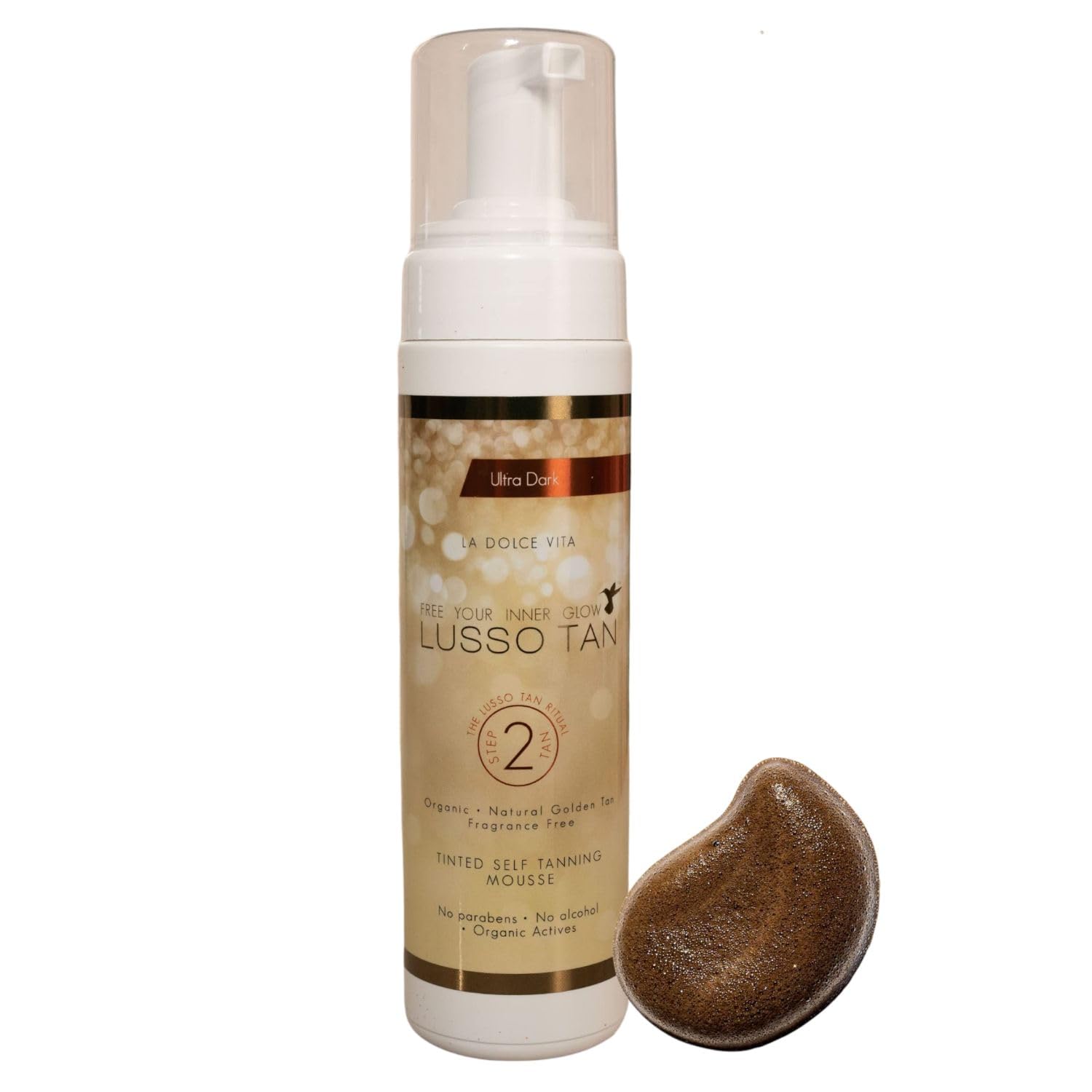 Ultra Dark Self Tanning Mousse - By Lusso Tan. Organic, Vegan, Cruelty-Free False Tan. Instant-drying. Streak-free, Flawless Finish Fake Tan. Natural Glow Face and Body Tint. Professional Results.
