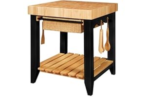 HomeStock Farmhouse Fresh Square Kitchen Island with Butcher Block Top, 30" W x 30" D x 36.38" H, Black/Natural, 4 Utensil Hooks, and Adjustable Glides