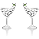 Diamond Treats Small Cocktail Glass Earrings in 925 Sterling Silver with Cubic Zirconia Stones, Mini Cocktail Glass Stud Earrings for Women, Dainty Silver Jewellery for Women