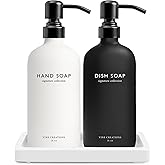 Vine Creations Glass Soap Dispenser Set, Kitchen Soap Dispenser Set with Ceramic Tray, 16 oz Dish Soap and Hand Soap Dispensers with Stainless Steel Pump Decor (White and Black Bottles/Matte Black)
