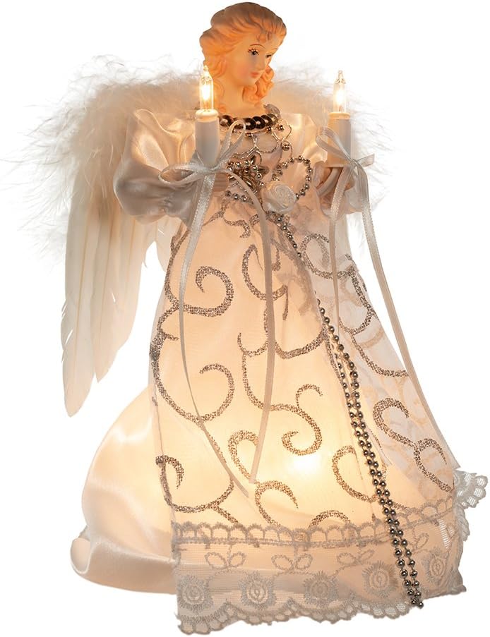 Tree Toppers - Kurt Adler UL 10-Light Angel Treetop, 8.5-Inch, White/Silver