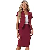 Allegra K Women's Business Skirt Suit Set Work Office Short Sleeve Blazer Jacket Pencil Skirt