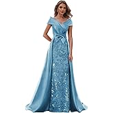 Xuzey Lace Satin Mother of The Bride Dresses for Women Off The Shoulder Sequin Formal Evening Gown with Train