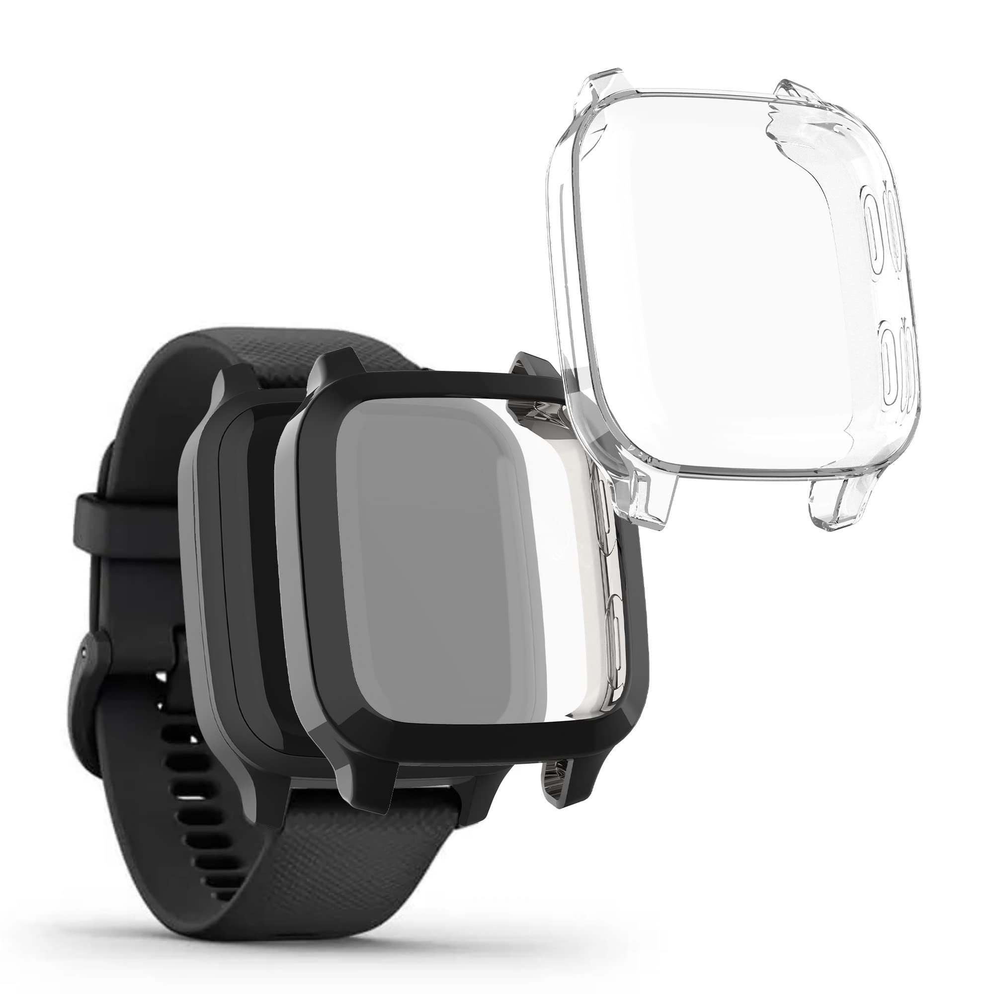 kwmobile 2x Cover with Screen Protector for Garmin Venu Sq Music/Sq Case - TPU Silicone Fitness Tracker Cover Set - Transparent/Black