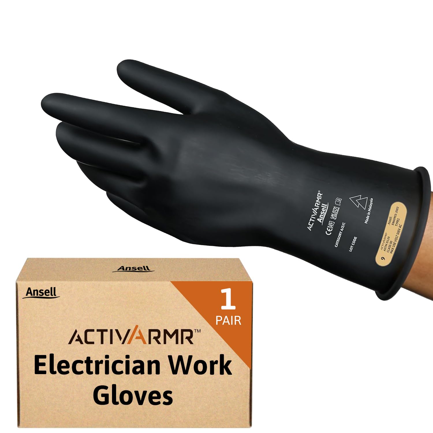 Ansell ActivArmr RIG011B, Electrical Protection Rubber Gloves, Flexible & Durable Black Latex Gloves, Ergonomic Arc Flash Protection, Medium, 1 Pair