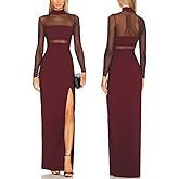 Aigeman Women See Through Mesh Long Sleeves Maxi Dress Turtleneck Bodycon Long Dresses Side Slit Cocktail Party Dress 451