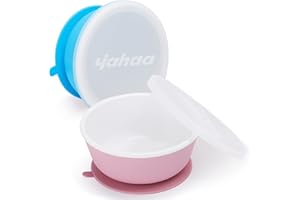 yahaa Set of 2 Baby Bowls with Suction for Feeding Essentials, Silicone Toddler Bowls with Lids, Leak Proof, Round, Bright Blue, Muted Pink