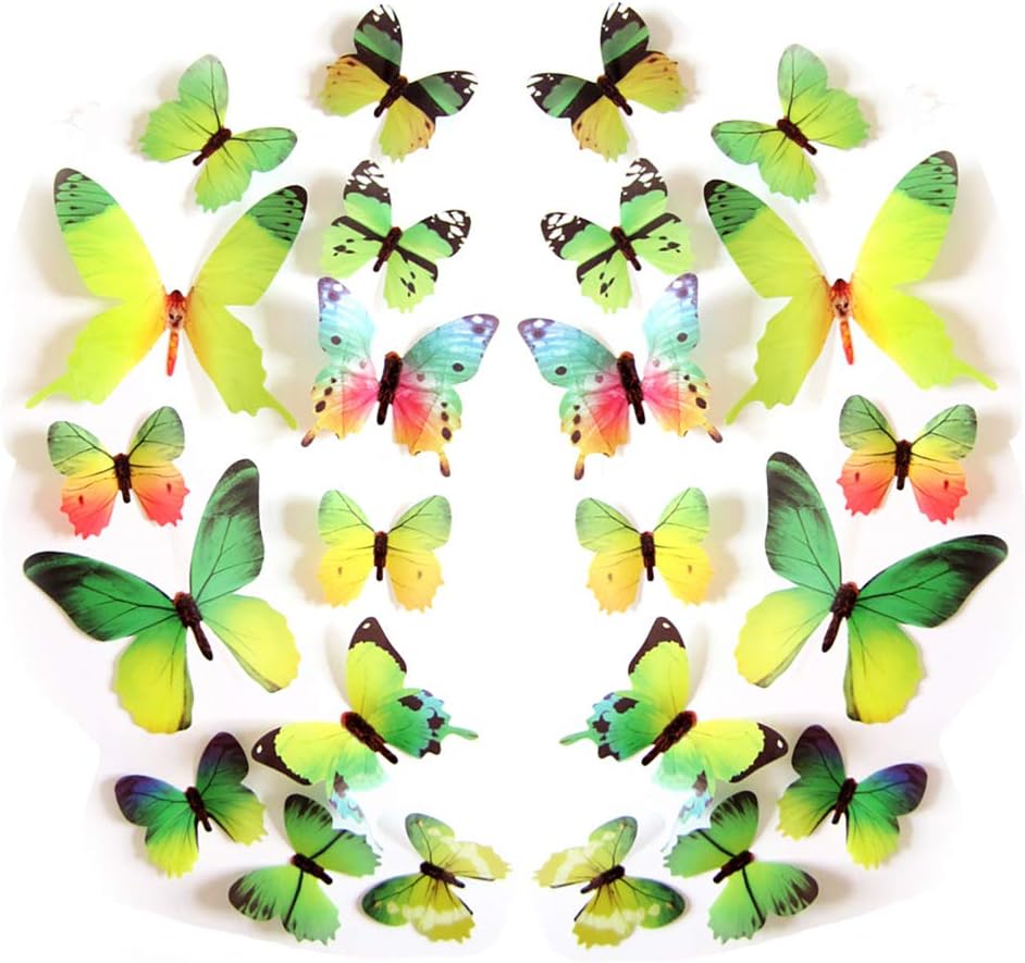 JYPHM 24PCS 3D Butterfly Wall Decal Removable Stickers Decor for Kids Room Decoration Home and Bedroom Art Mural Green